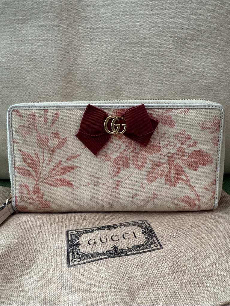 Gucci Pink Floral Canvas Zip Wallet With Burgundy Bow